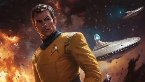 Stoic starship officer standing strong amid cosmic fire.