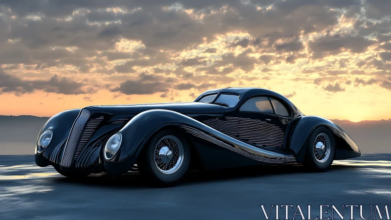 Streamlined retro coupe with cinematic sunset backlighting.