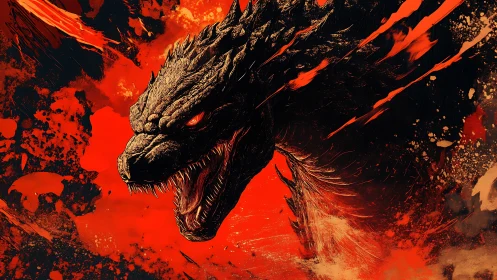 Infernal kaiju profile amid explosive crimson splatter.