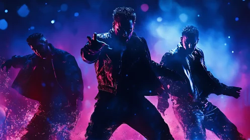 Neon storm dancers slicing through electric midnight rain.