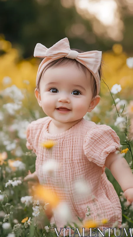 Soft-Focus Botanical Portrait: Infant in Pastel Pink Amid Wildflowers.