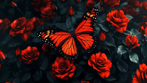 Red monarch butterfly on red roses in dark foliage field.