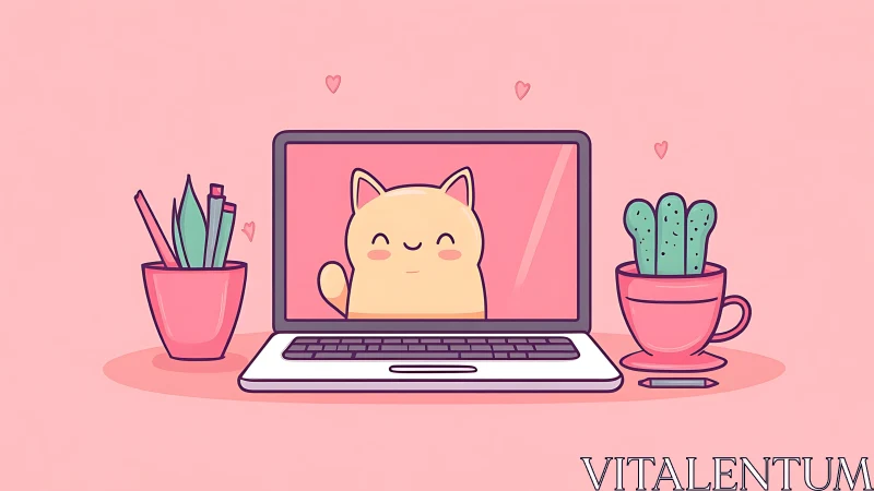 Cute virtual cat waves from laptop amid pastel décor.