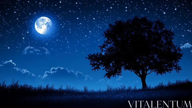 Lunar-illuminated tree silhouette under dense stellar field.