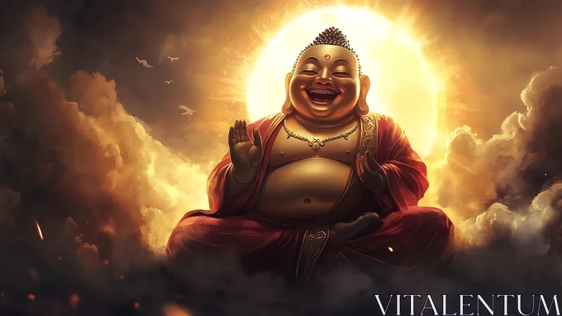 Radiant laughing Buddha amid glowing celestial clouds.