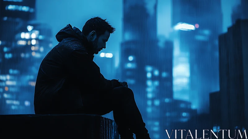 Nocturnal urban silhouette under rain-soaked neon skyline.