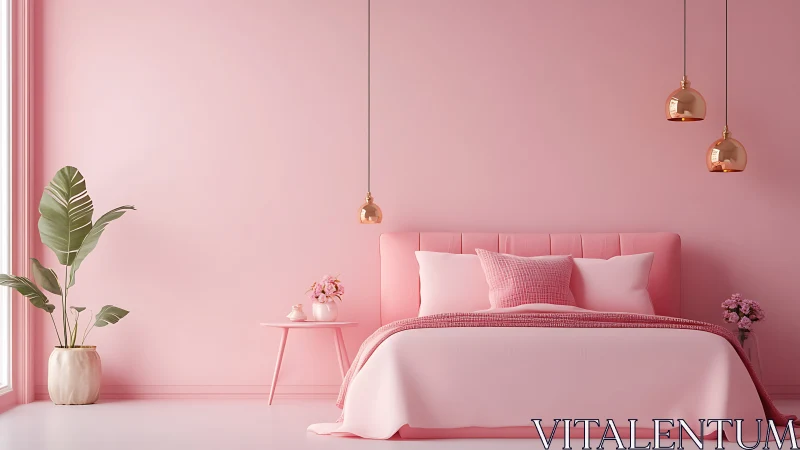Monochrome pink bedroom interior with minimalist styling.