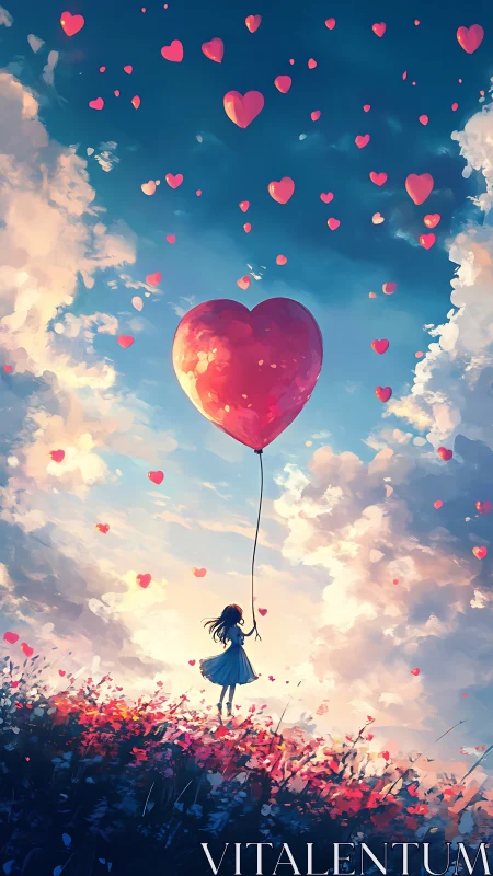 Girl with Heart-Shaped Balloon in Cloudy Sky