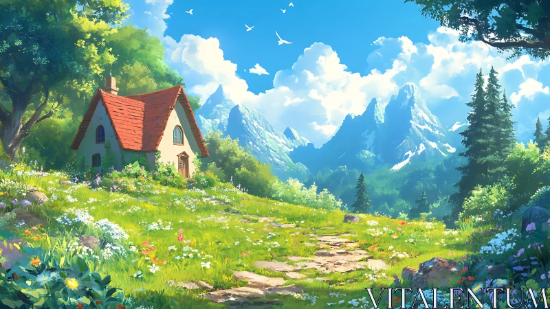 Small cottage stands in flowered meadow before alpine peaks
