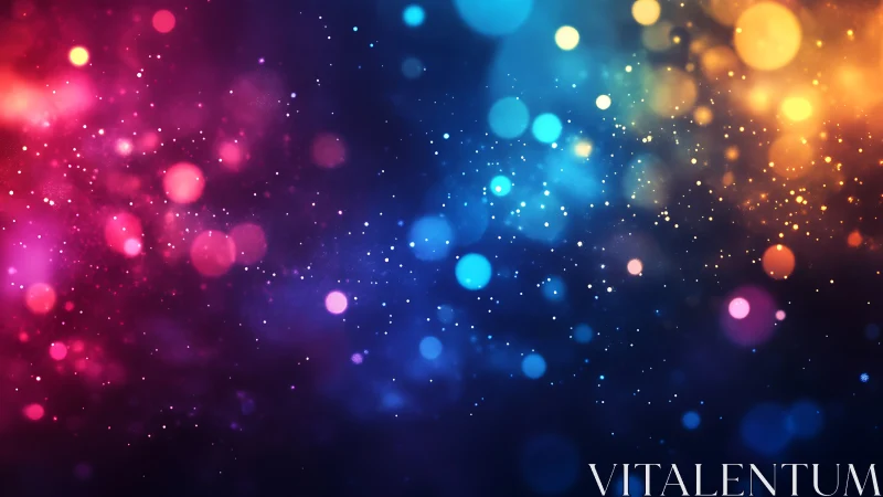 Vibrant bokeh lights dissolve into deep cosmic gradient.