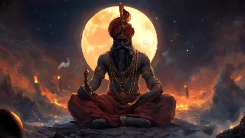 Mythic ascetic meditating before supermoon in fiery wasteland