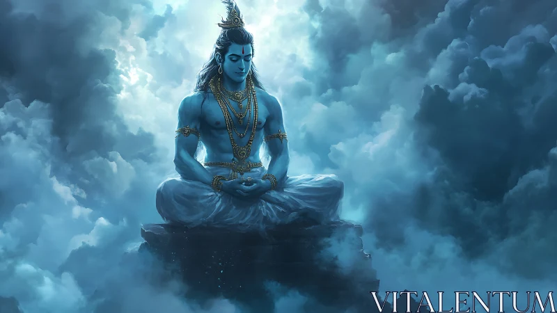 Divine blue deity meditating amid luminous storm clouds.