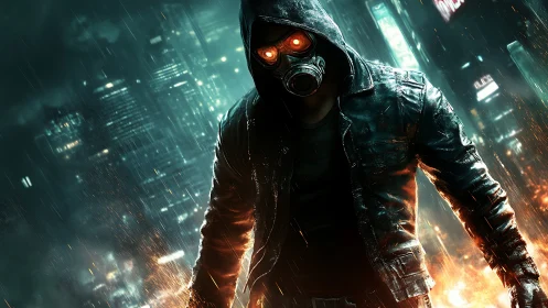 Mysterious hooded wanderer glowing in a neon stormy cityscape.