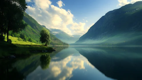 Mountain lake reflects valley slopes and scattered morning clouds
