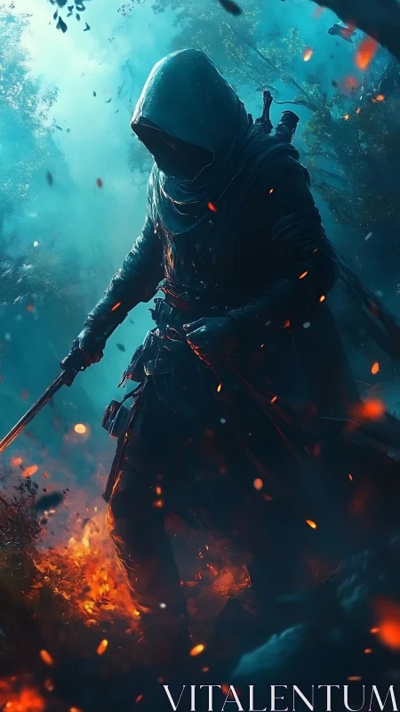 Hooded armed figure standing in burning forest environment.