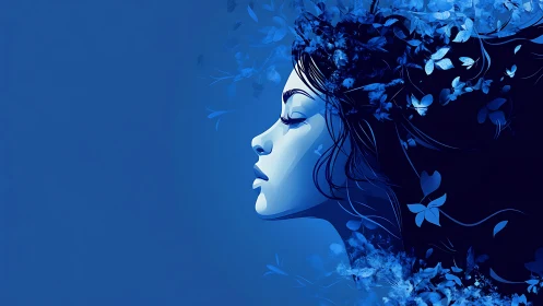 Monochrome blue female profile merges with abstract floral forms
