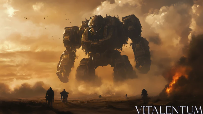Colossal combat mech advancing through smoke filled desert warzone