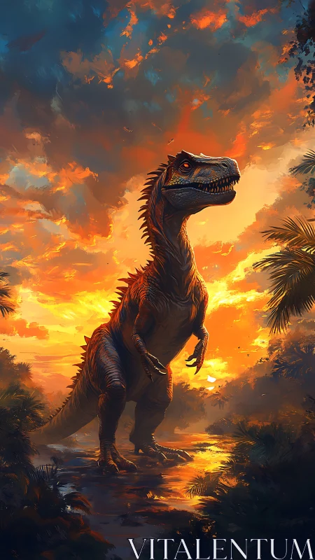 Sunfire titan strides through a primordial jungle sunset.