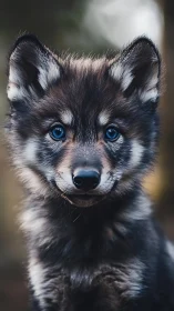 High-detail frontal portrait of blue-eyed wolf pup in soft bokeh