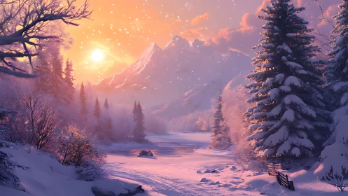 Snowy mountain valley at sunset with river and pine forest.