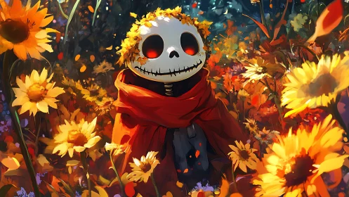 Skeletal child in red cloak amid glowing autumn sunflowers