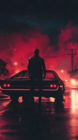 Lone driver stands by muscle car under red neon rain
