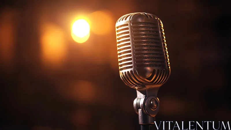 Vintage microphone glows under warm stage spotlight in studio.