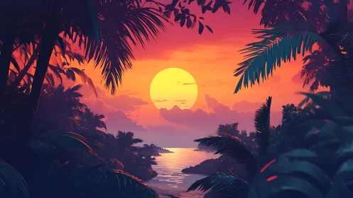 Tropical coastline sunset framed by dense palm foliage.