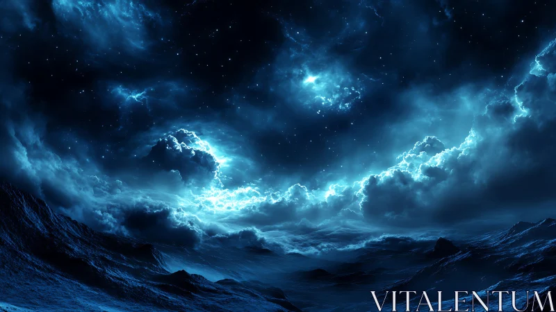 Stormy alien seascape under luminous blue night sky