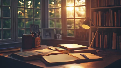 Sunlit writer’s desk soaked in golden-hour quiet.