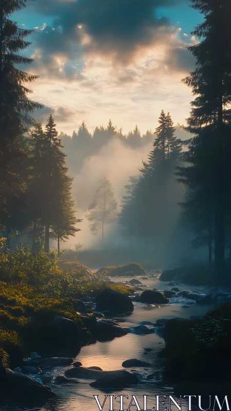 Forest Valley Landscape with Stream and Morning Mist
