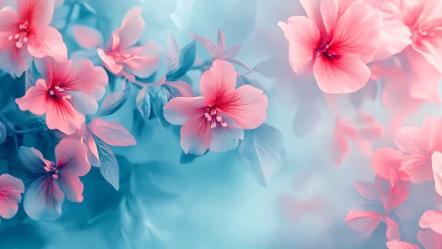 Ethereal Pink Blossoms Against Azure Gradient Bokeh Backdrop.