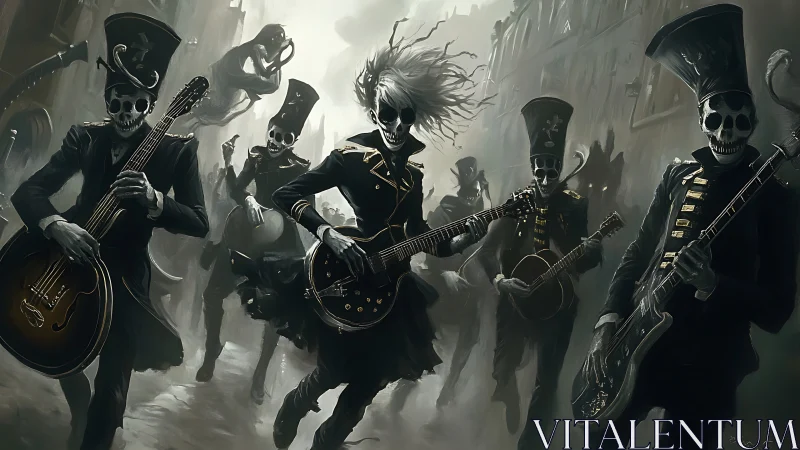 Skeleton marching band storms a haunted city street in rhythm