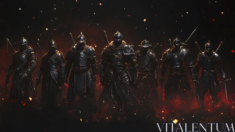 Armored dark knights aligned in ember lit battlefield.