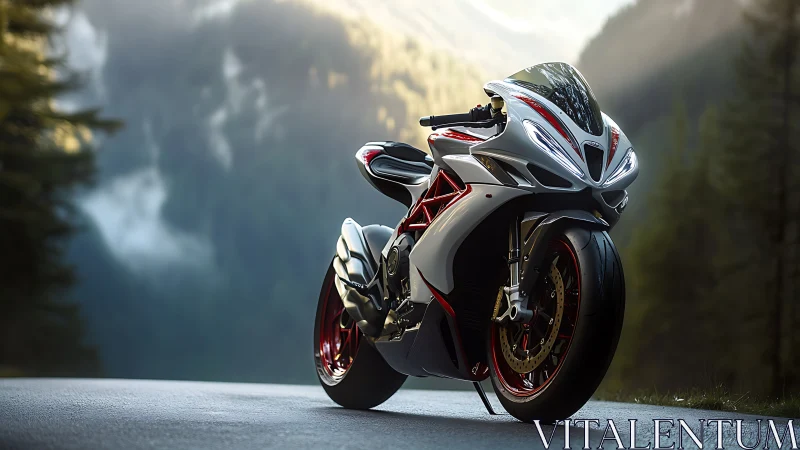 High-performance sport motorcycle on alpine forest roadway