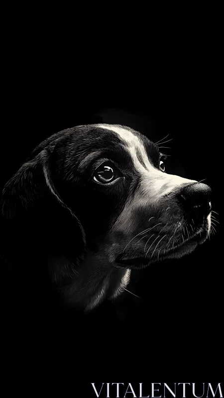 Monochrome close-up portrait of dog on black background.