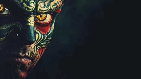 Masked portrait isolates luminous eyes in high-contrast closeup