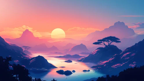 Neon sunset over tranquil stylized mountains and river.