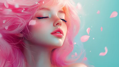 Dreamy pink haired muse in a soft petal filled breeze.