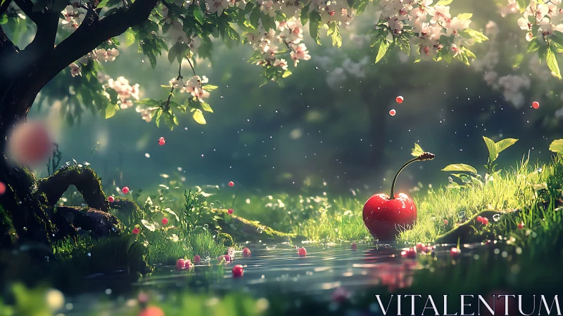Cherry rests beside reflective stream under flowering tree