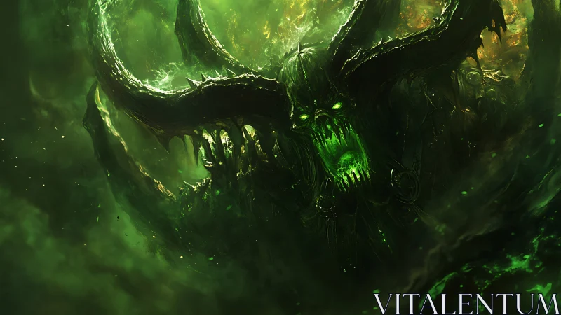 Glowing horned demon emerging from swirling green fire.