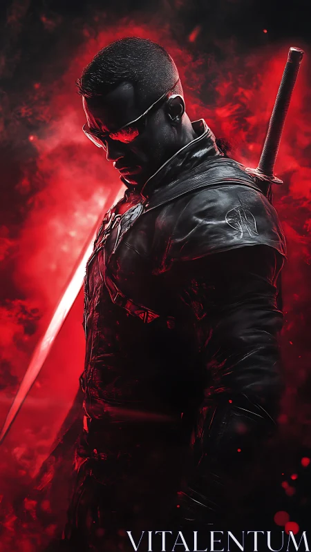 Armored swordsman in red backlight with katana and visor.