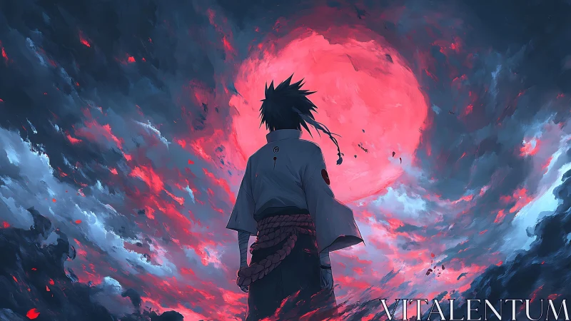 Solitary warrior framed against a luminous crimson eclipse sky