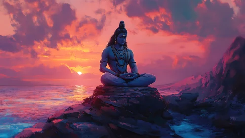 Blue-skinned figure meditates on coastal rock at sunset