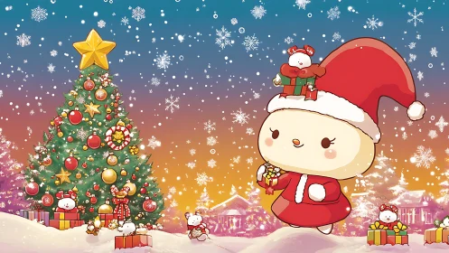 Cartoon character in red Santa outfit near decorated tree.