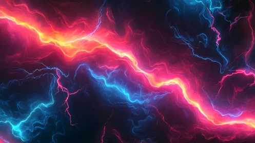Electric red and blue plasma arcs on dark background.