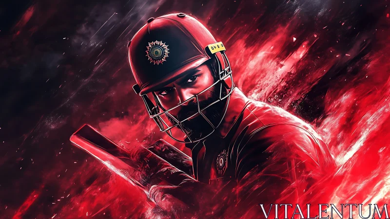 Cricket batsman in intense red motion blur digital art.