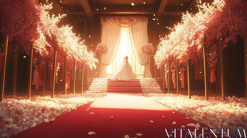 Bride on elevated aisle under pink floral arches indoors.