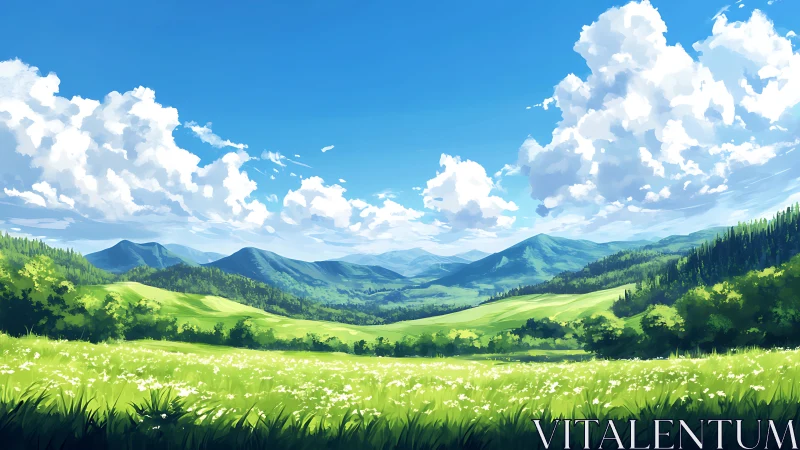 Sky-bright meadow dreaming under mountain-soft horizons.