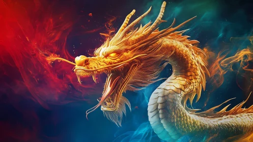 Golden fire dragon coiled in vivid red and teal void.